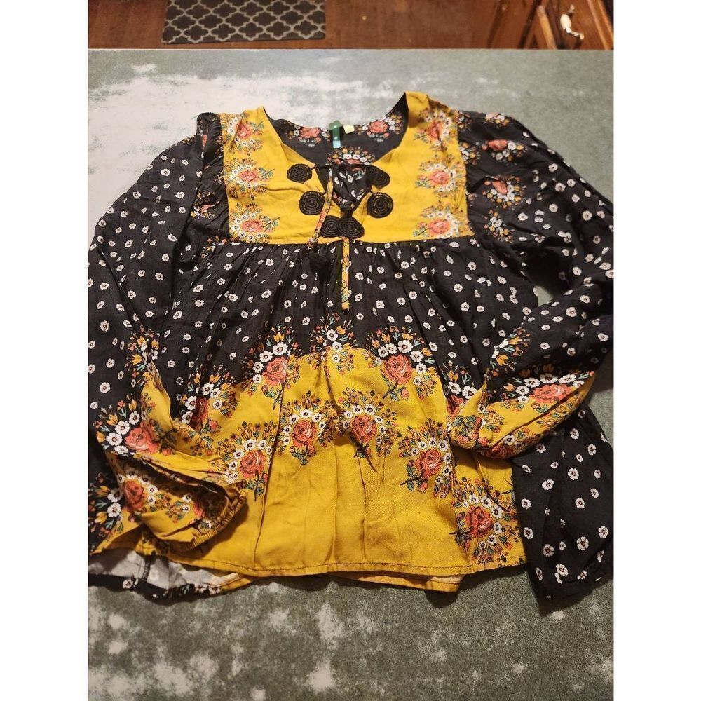 Farm Rio Intarsia Black&yellow Floral Pullover Bohemian Summer Blouse sz Small